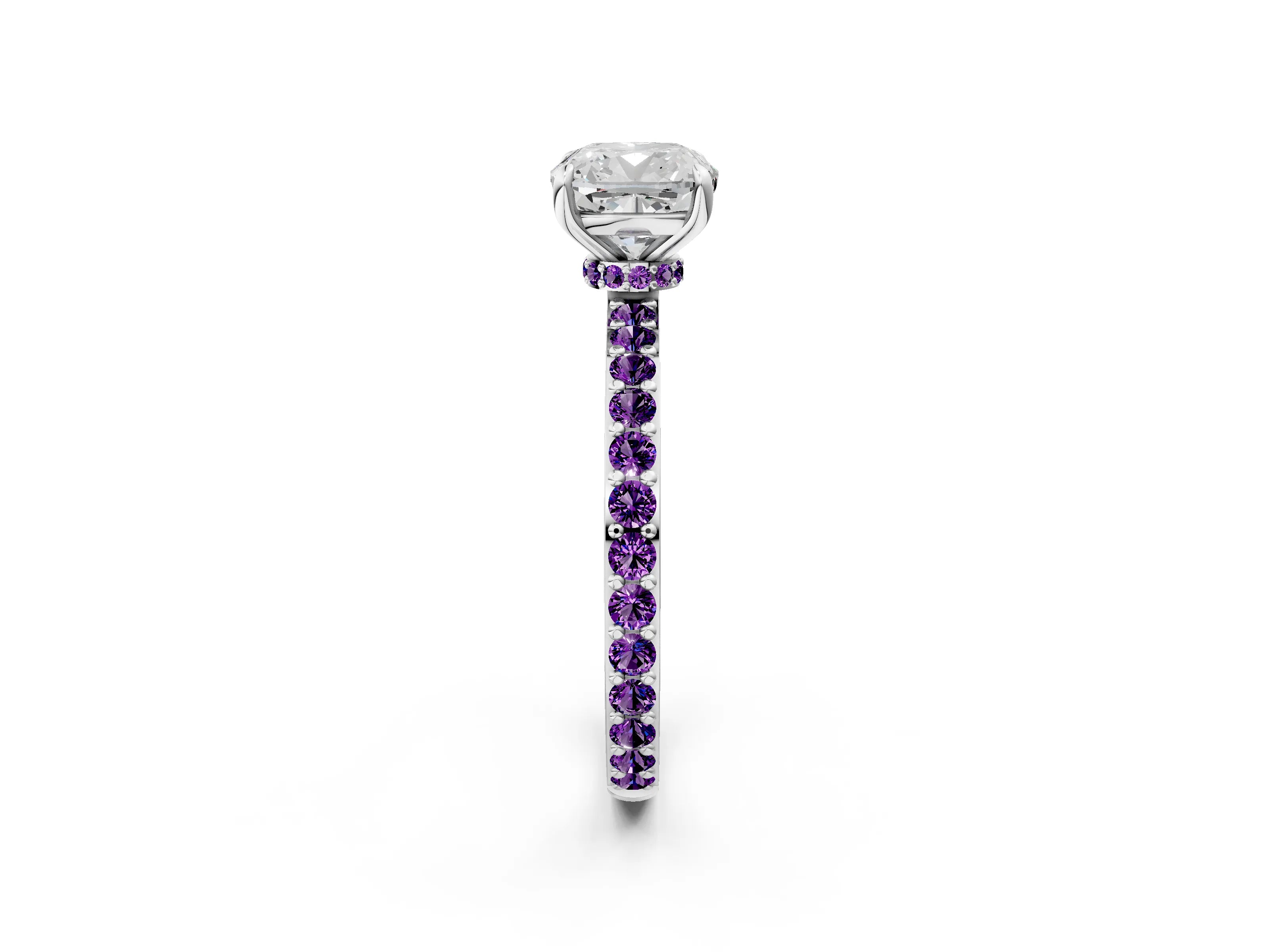 White gold Cushion Cut Diamond Pavé Engagement Ring with Round with Amethyst side stone Accents and Prong Setting_2