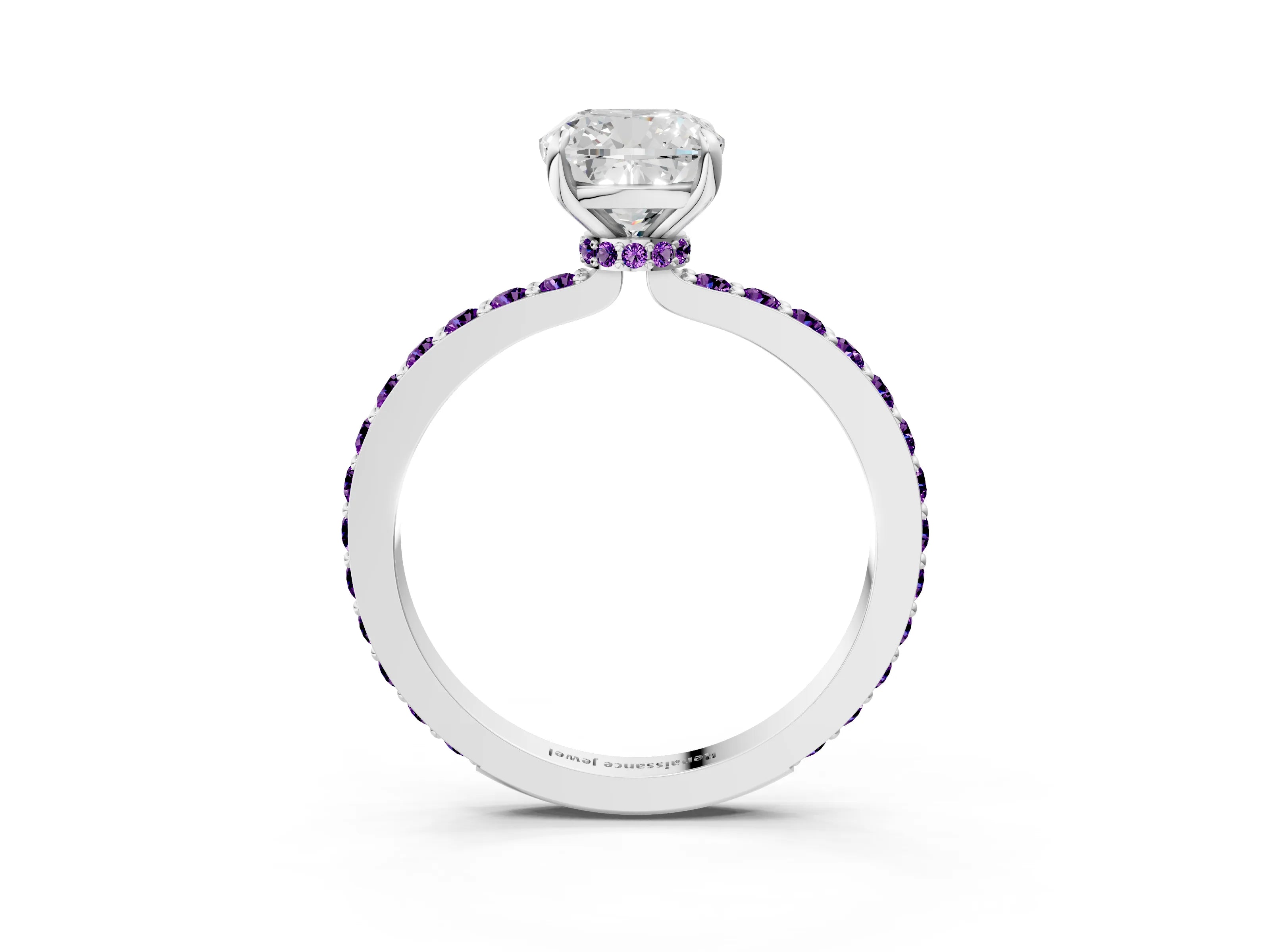 White gold Cushion Cut Diamond Pavé Engagement Ring with Round with Amethyst side stone Accents and Prong Setting_3