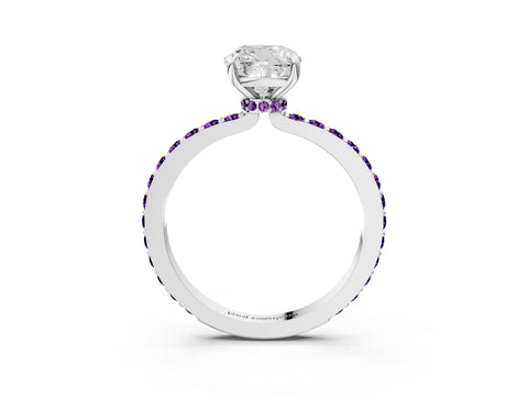 White gold Cushion Cut Diamond Pavé Engagement Ring with Round with Amethyst side stone Accents and Prong Setting_3