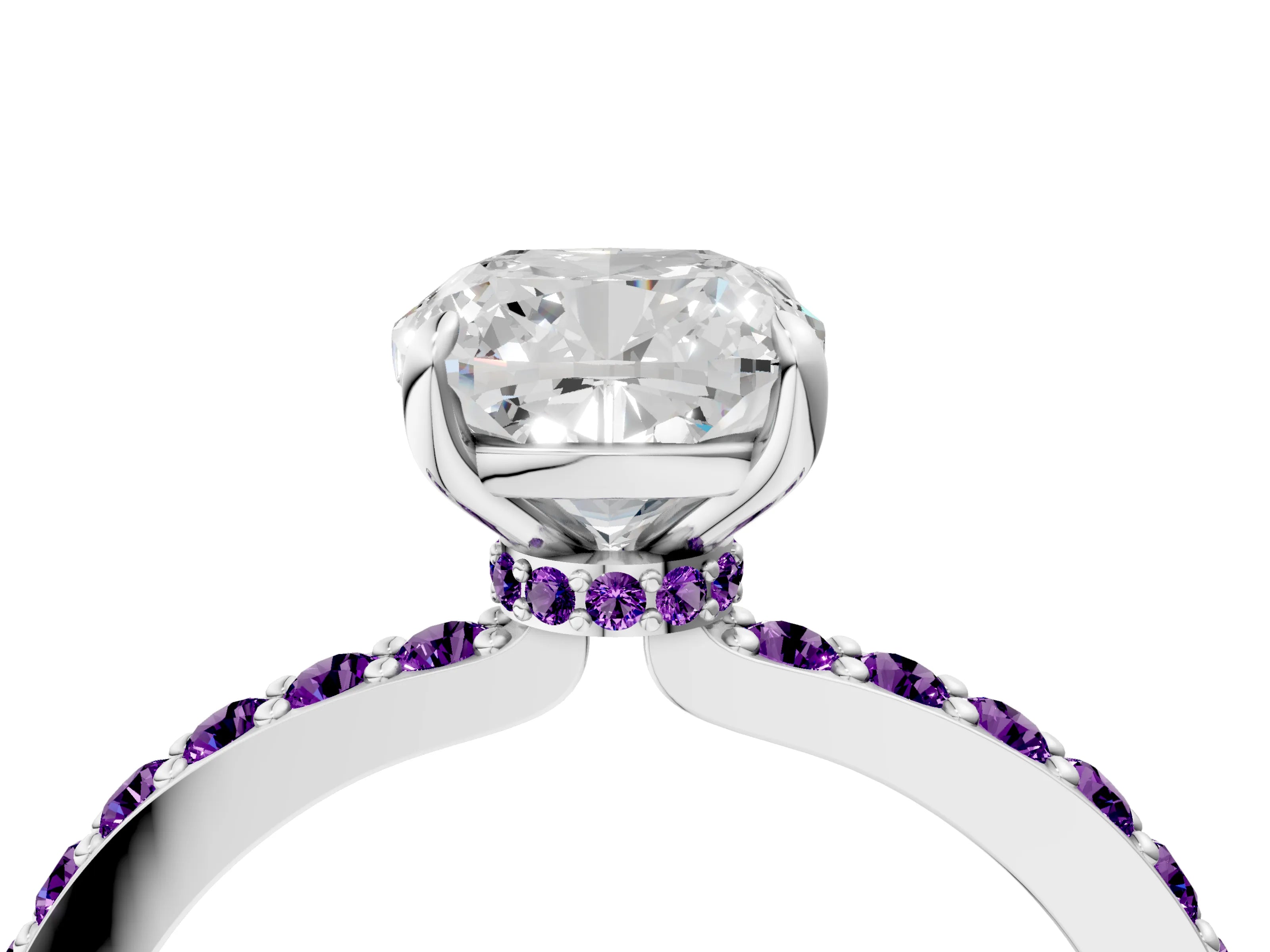 White gold Cushion Cut Diamond Pavé Engagement Ring with Round with Amethyst side stone Accents and Prong Setting_4