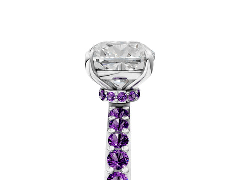 White gold Cushion Cut Diamond Pavé Engagement Ring with Round with Amethyst side stone Accents and Prong Setting_5