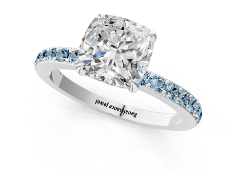 White gold Cushion Cut Diamond Pavé Engagement Ring with Round with Aquamarine side stone Accents and Prong Setting_1