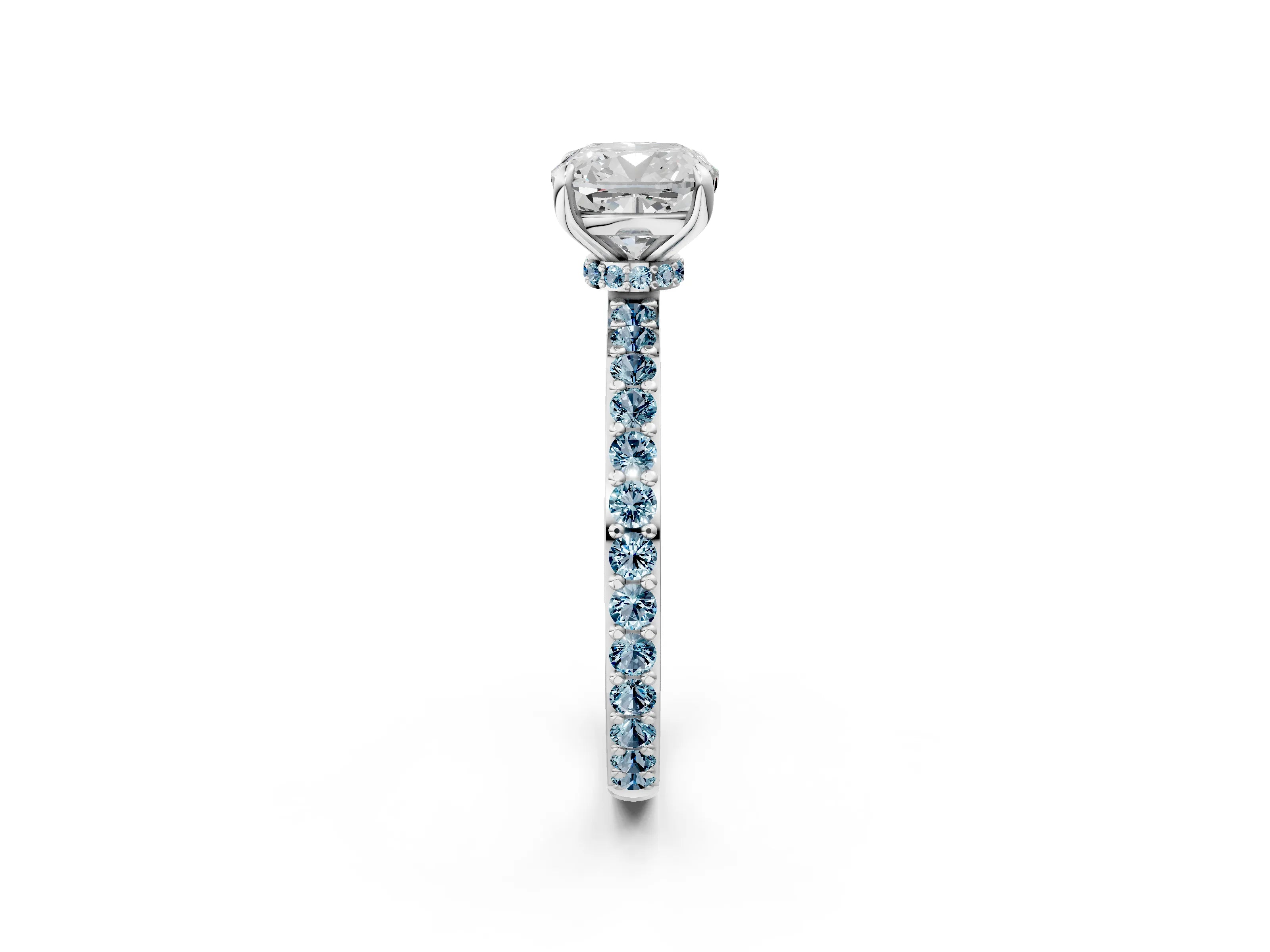 White gold Cushion Cut Diamond Pavé Engagement Ring with Round with Aquamarine side stone Accents and Prong Setting_2