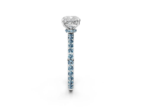 White gold Cushion Cut Diamond Pavé Engagement Ring with Round with Aquamarine side stone Accents and Prong Setting_2