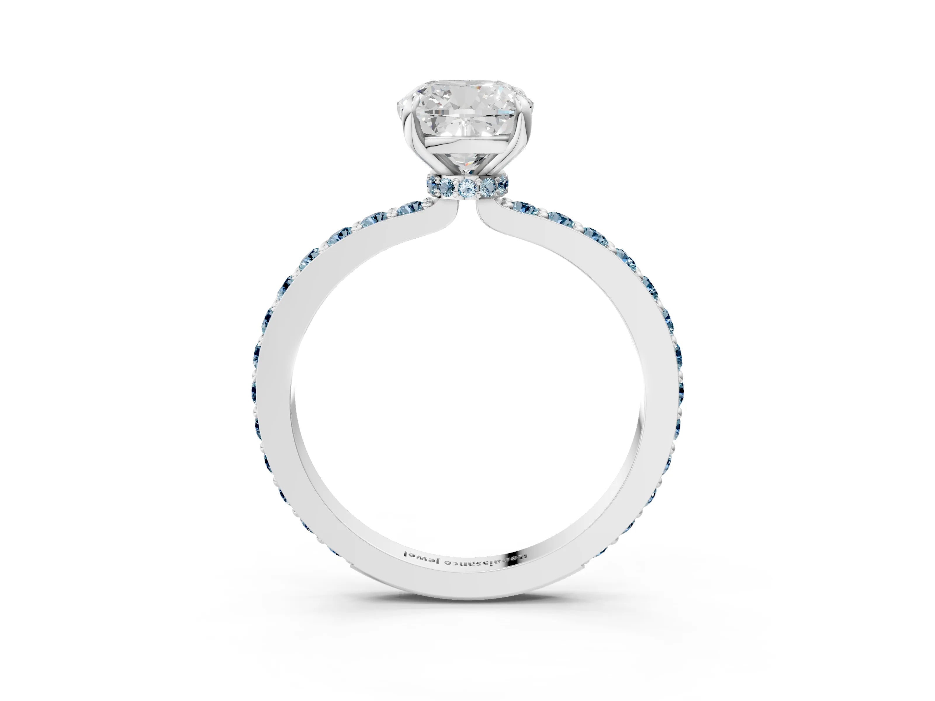 White gold Cushion Cut Diamond Pavé Engagement Ring with Round with Aquamarine side stone Accents and Prong Setting_3