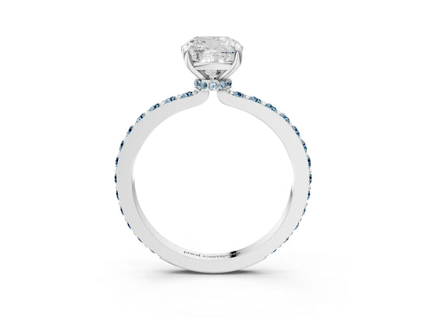 White gold Cushion Cut Diamond Pavé Engagement Ring with Round with Aquamarine side stone Accents and Prong Setting_3