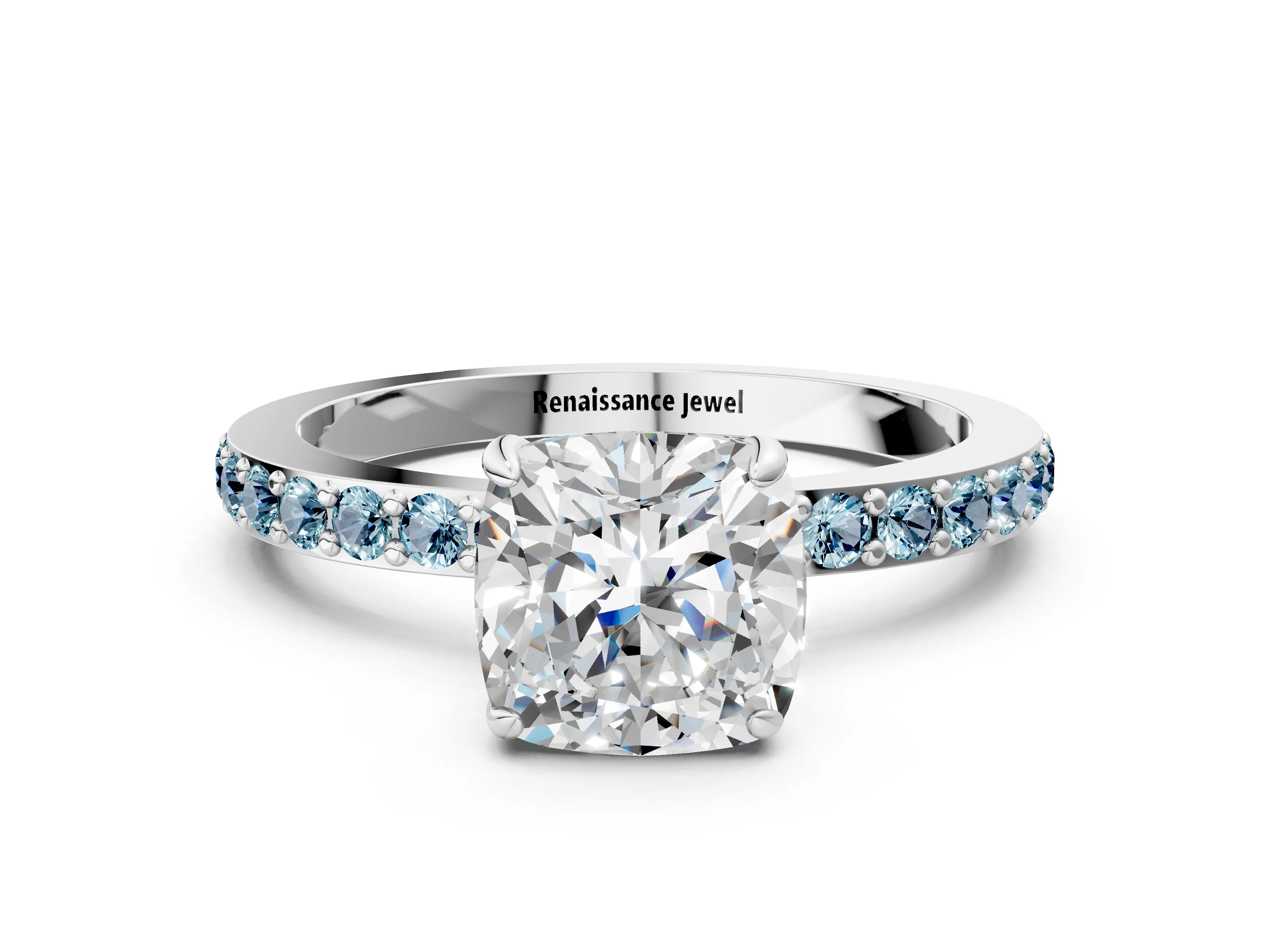 White gold Cushion Cut Diamond Pavé Engagement Ring with Round with Aquamarine side stone Accents and Prong Setting