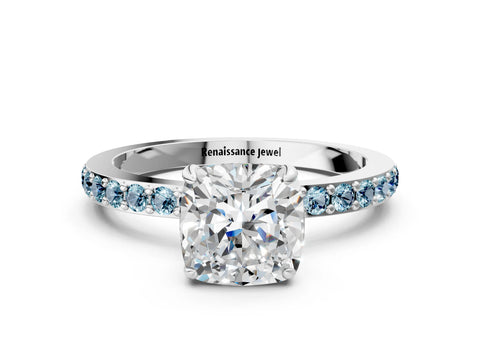 White gold Cushion Cut Diamond Pavé Engagement Ring with Round with Aquamarine side stone Accents and Prong Setting