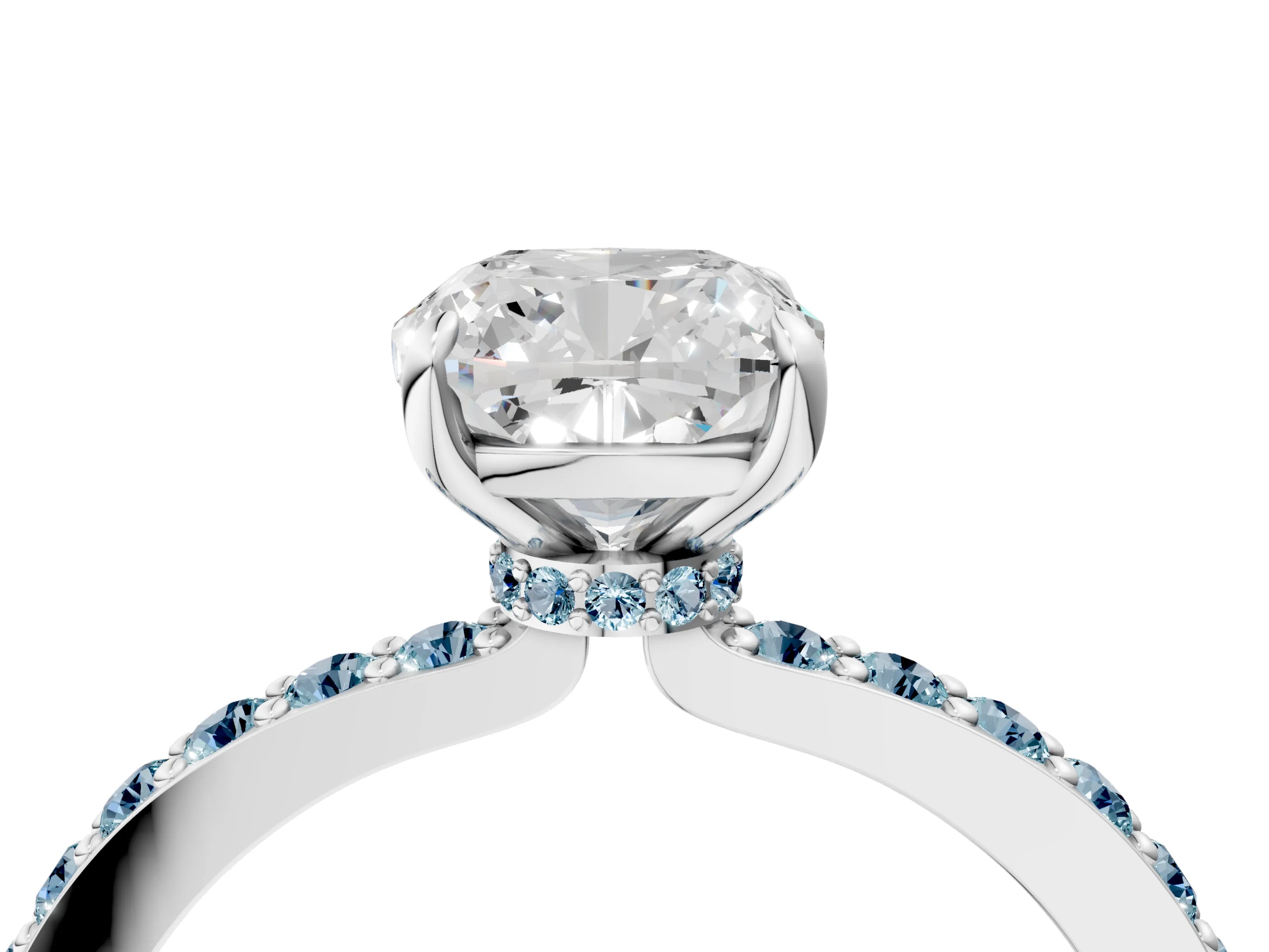 White gold Cushion Cut Diamond Pavé Engagement Ring with Round with Aquamarine side stone Accents and Prong Setting_4