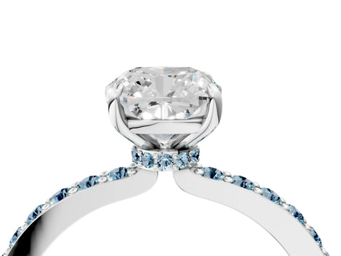 White gold Cushion Cut Diamond Pavé Engagement Ring with Round with Aquamarine side stone Accents and Prong Setting_4
