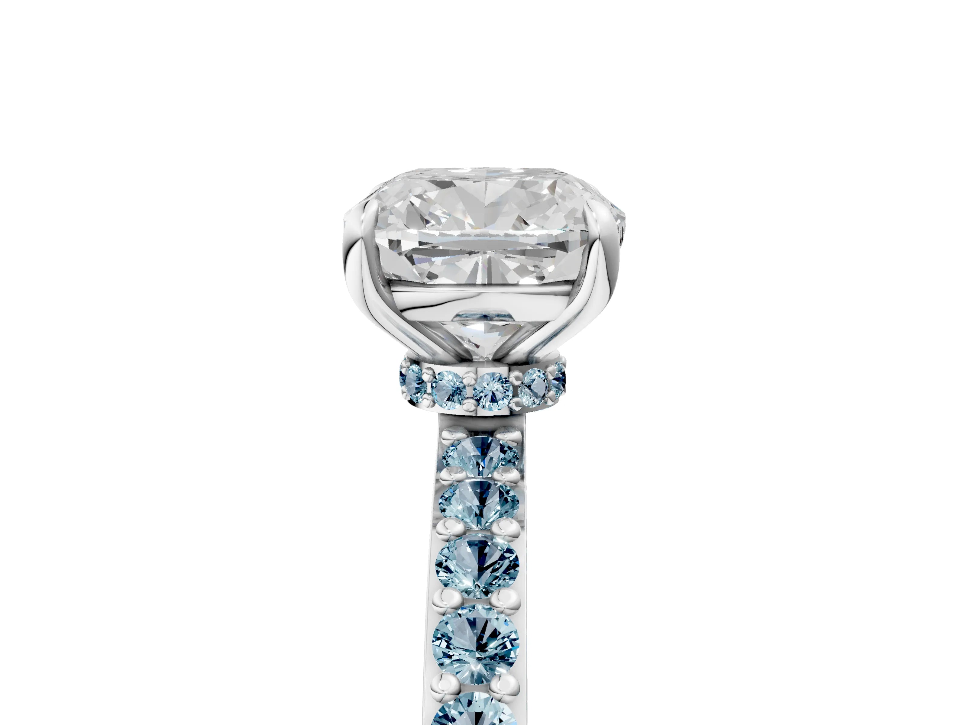White gold Cushion Cut Diamond Pavé Engagement Ring with Round with Aquamarine side stone Accents and Prong Setting_5