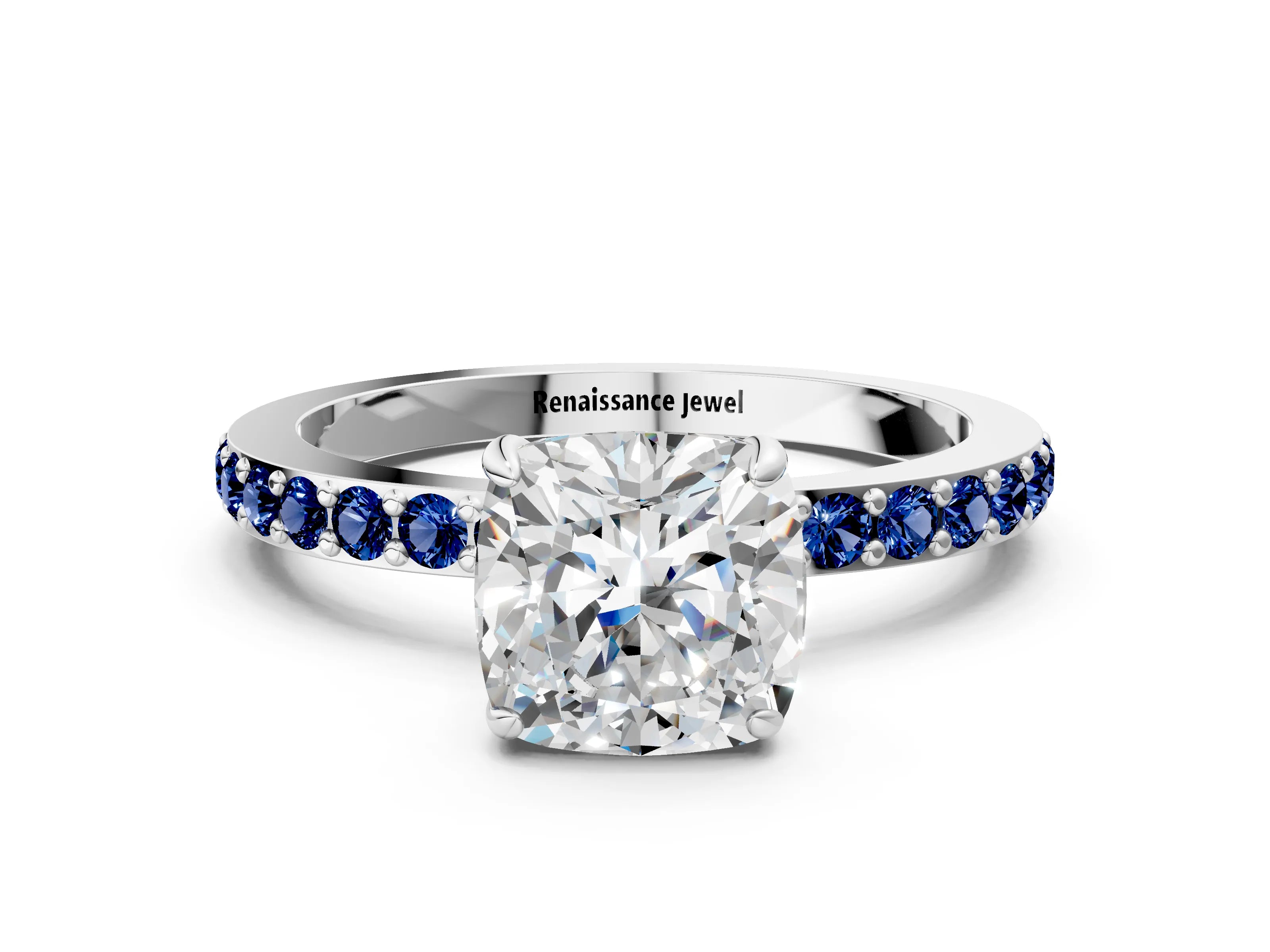 White gold Cushion Cut Diamond Pavé Engagement Ring with Round with Blue Sapphire side stone Accents and Prong Setting_12