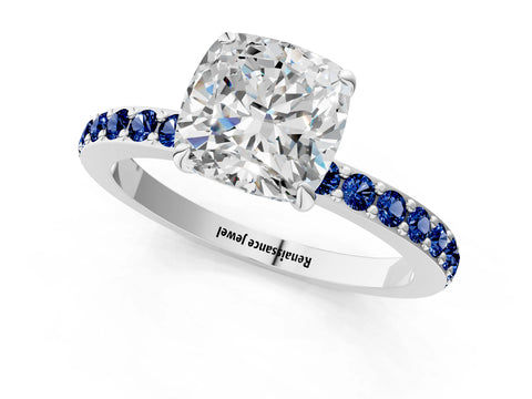 White gold Cushion Cut Diamond Pavé Engagement Ring with Round with Blue Sapphire side stone Accents and Prong Setting_13