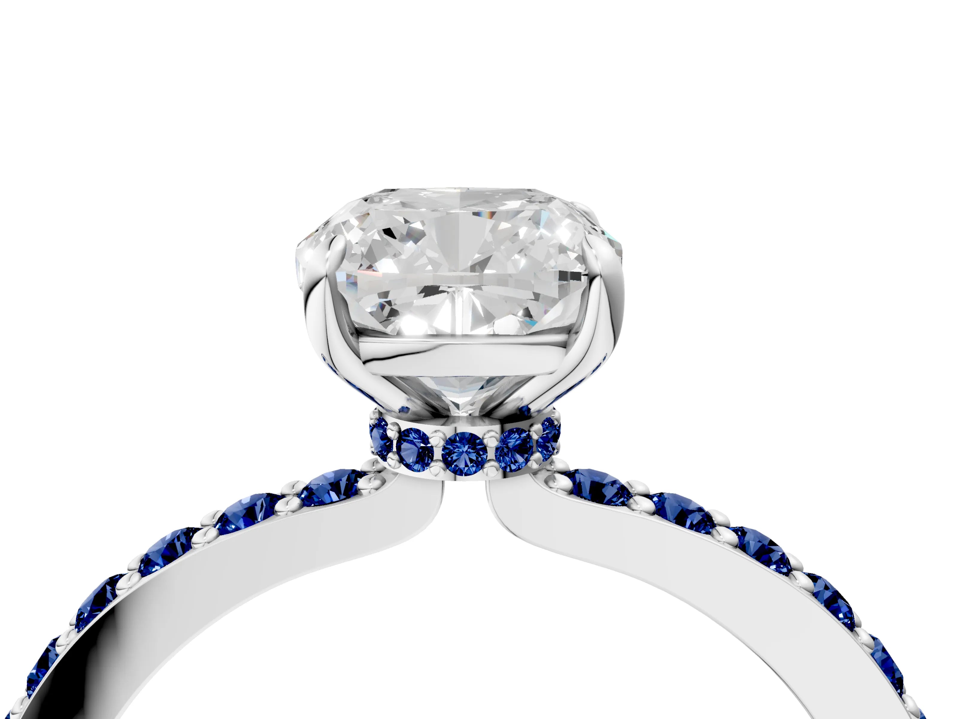 White gold Cushion Cut Diamond Pavé Engagement Ring with Round with Blue Sapphire side stone Accents and Prong Setting_16