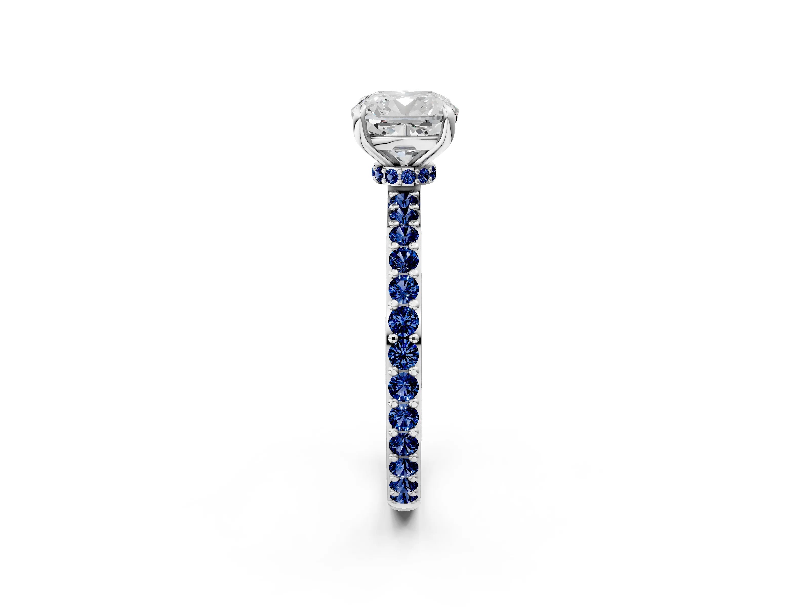 White gold Cushion Cut Diamond Pavé Engagement Ring with Round with Blue Sapphire side stone Accents and Prong Setting_2