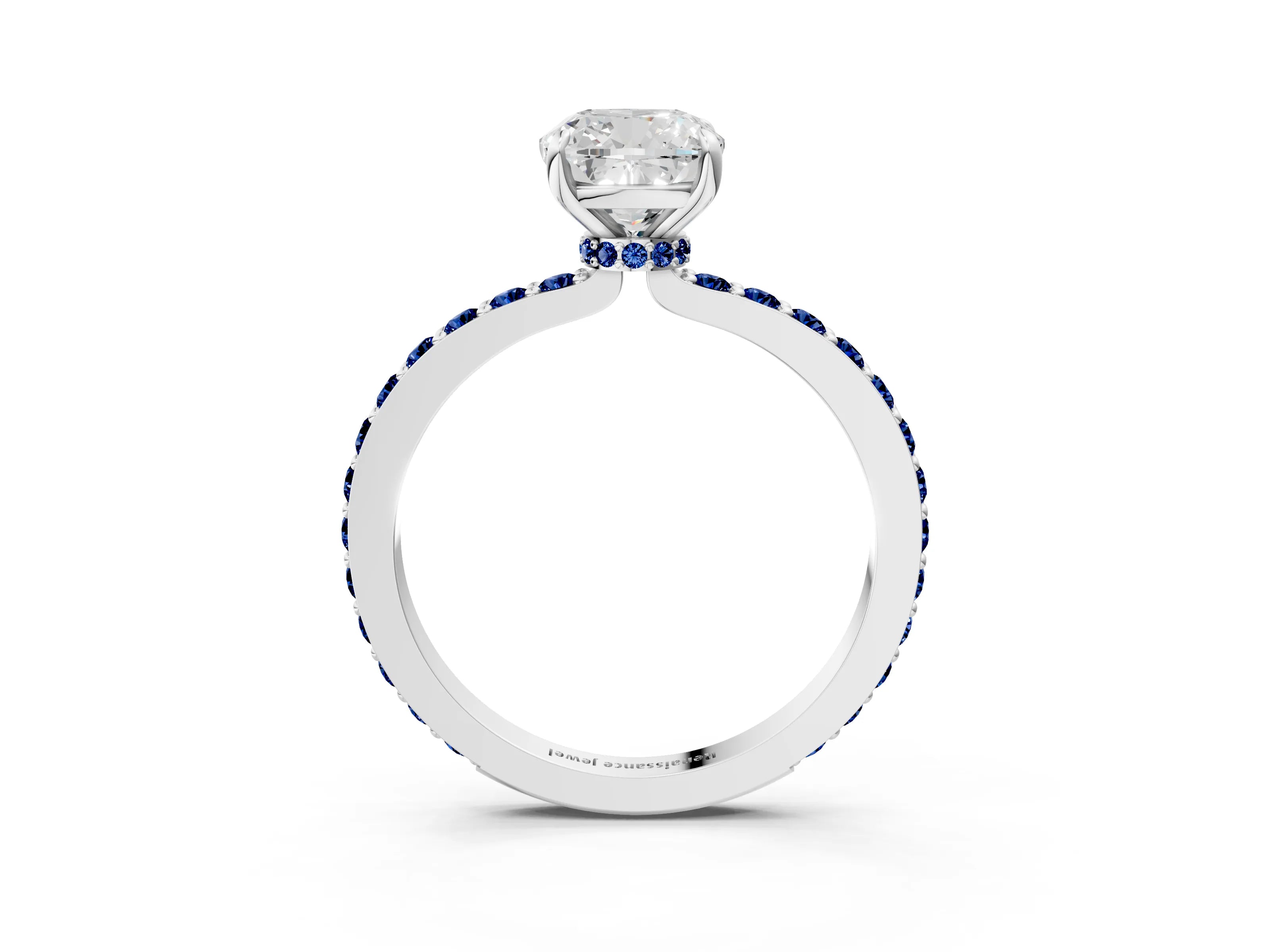 White gold Cushion Cut Diamond Pavé Engagement Ring with Round with Blue Sapphire side stone Accents and Prong Setting_3
