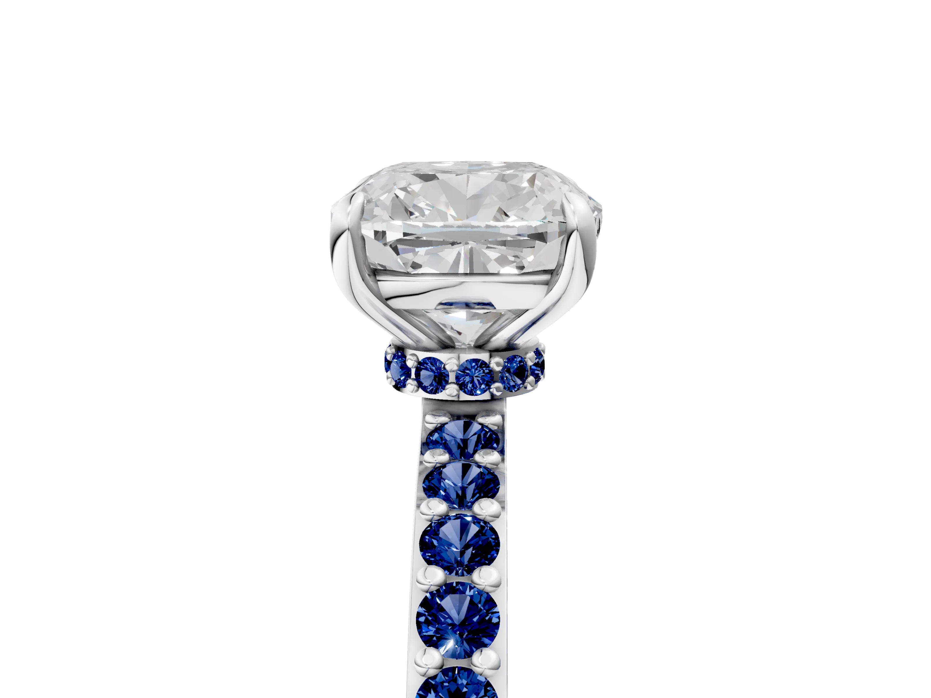 White gold Cushion Cut Diamond Pavé Engagement Ring with Round with Blue Sapphire side stone Accents and Prong Setting_5