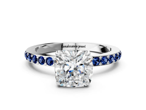 White gold Cushion Cut Diamond Pavé Engagement Ring with Round with Blue Sapphire side stone Accents and Prong Setting