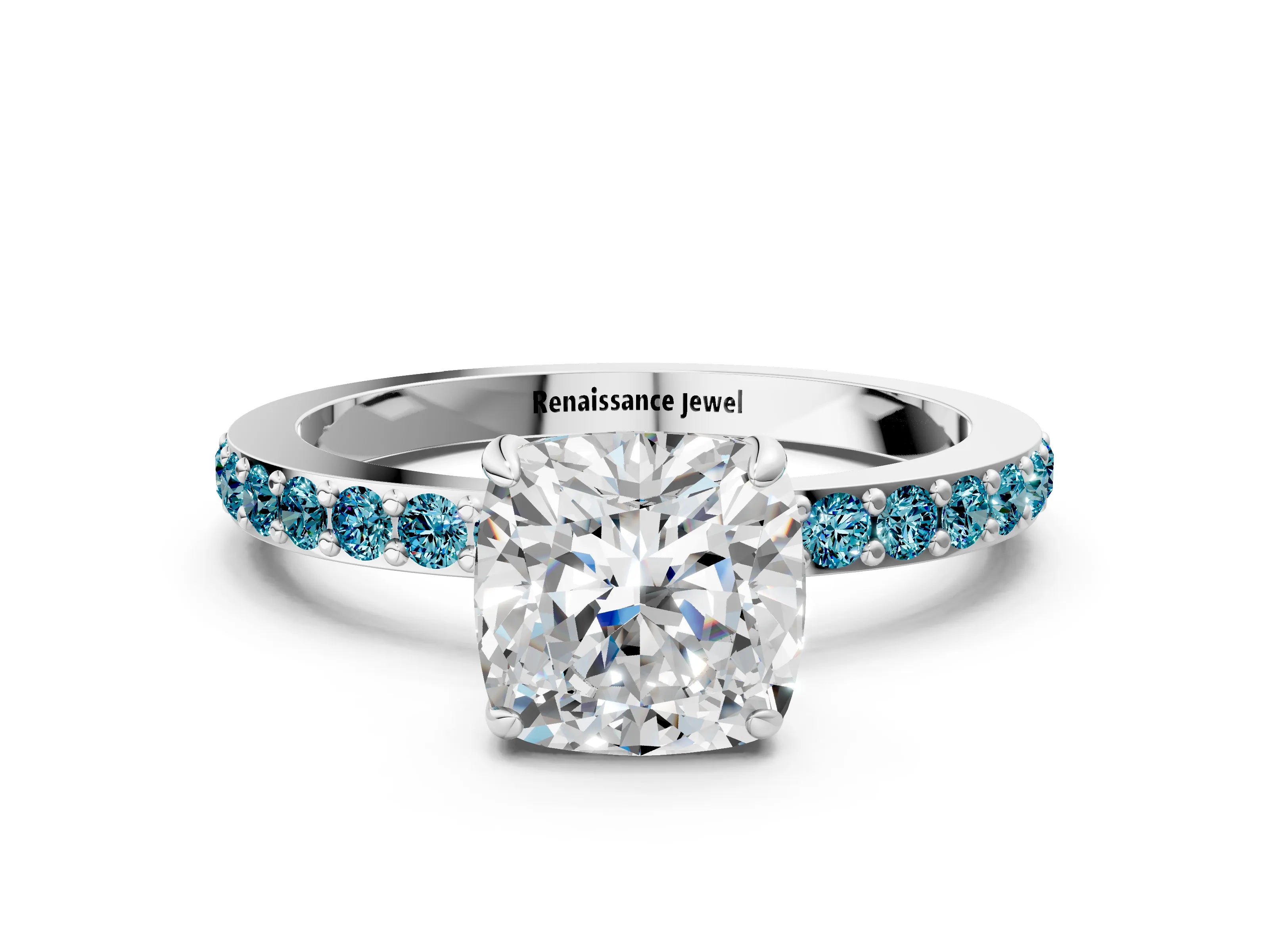 White gold Cushion Cut Diamond Pavé Engagement Ring with Round with Blue Topaz side stone Accents and Prong Setting