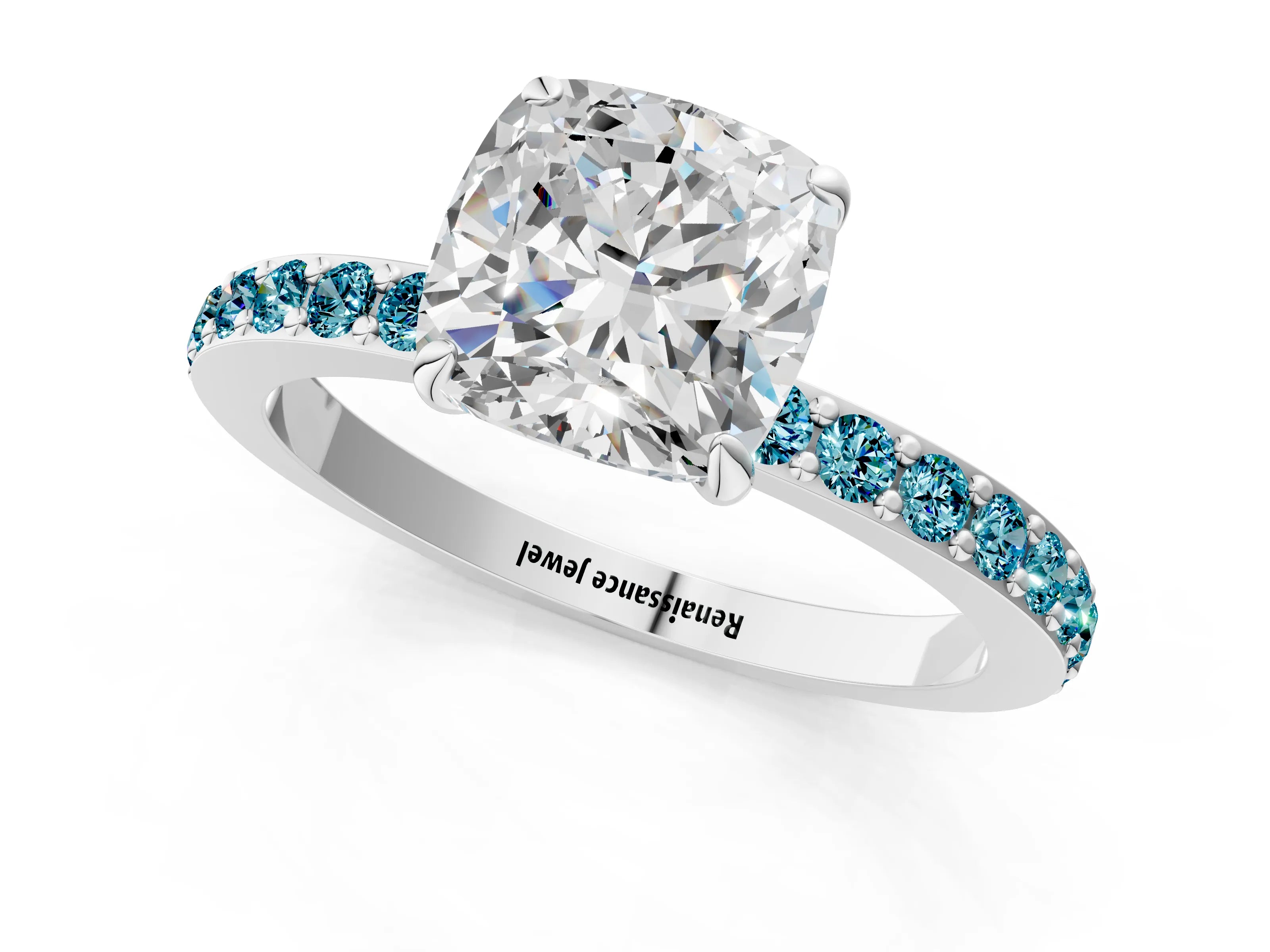 White gold Cushion Cut Diamond Pavé Engagement Ring with Round with Blue Topaz side stone Accents and Prong Setting_1