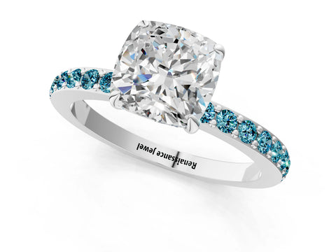 White gold Cushion Cut Diamond Pavé Engagement Ring with Round with Blue Topaz side stone Accents and Prong Setting_1