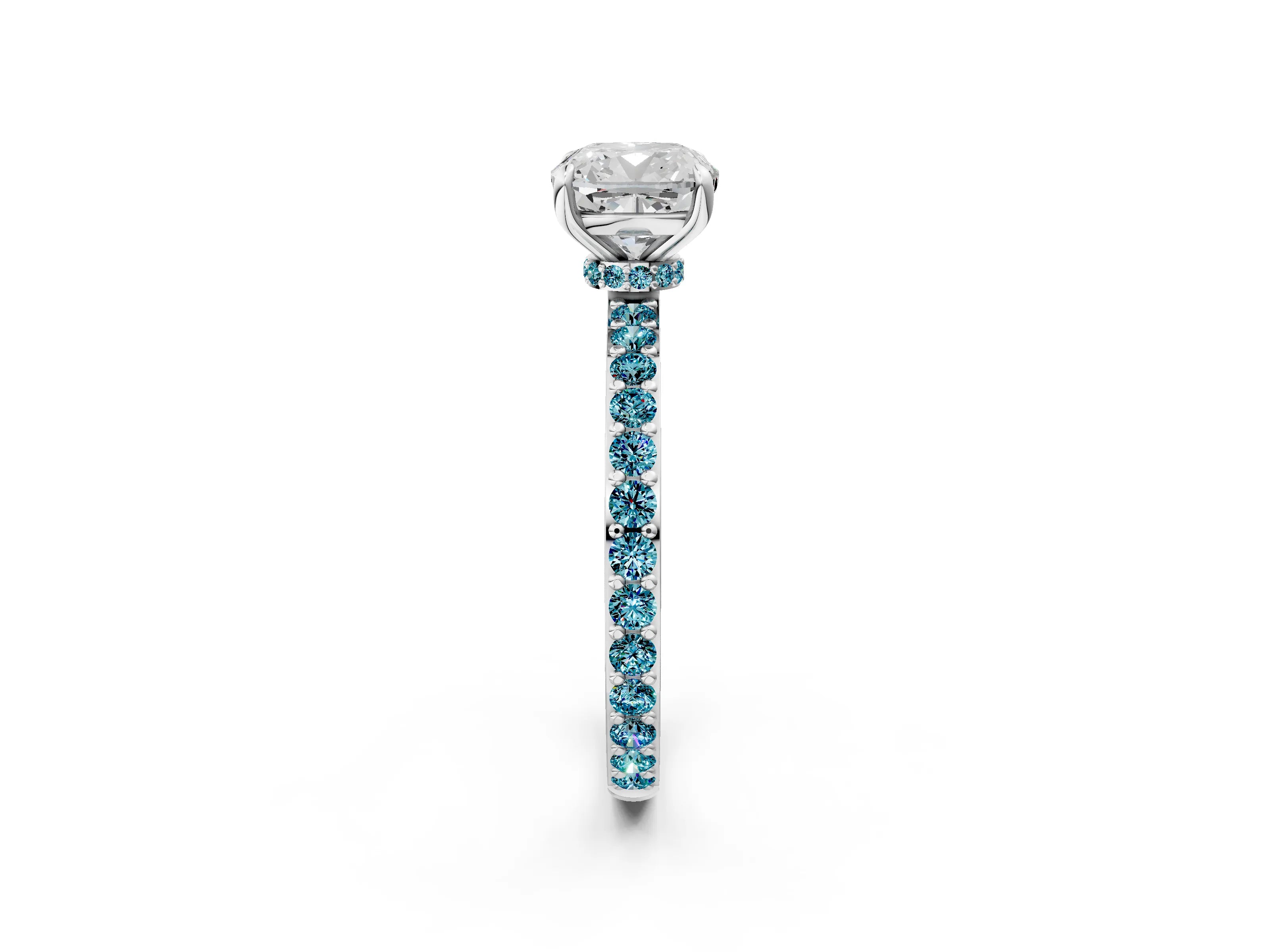 White gold Cushion Cut Diamond Pavé Engagement Ring with Round with Blue Topaz side stone Accents and Prong Setting_2