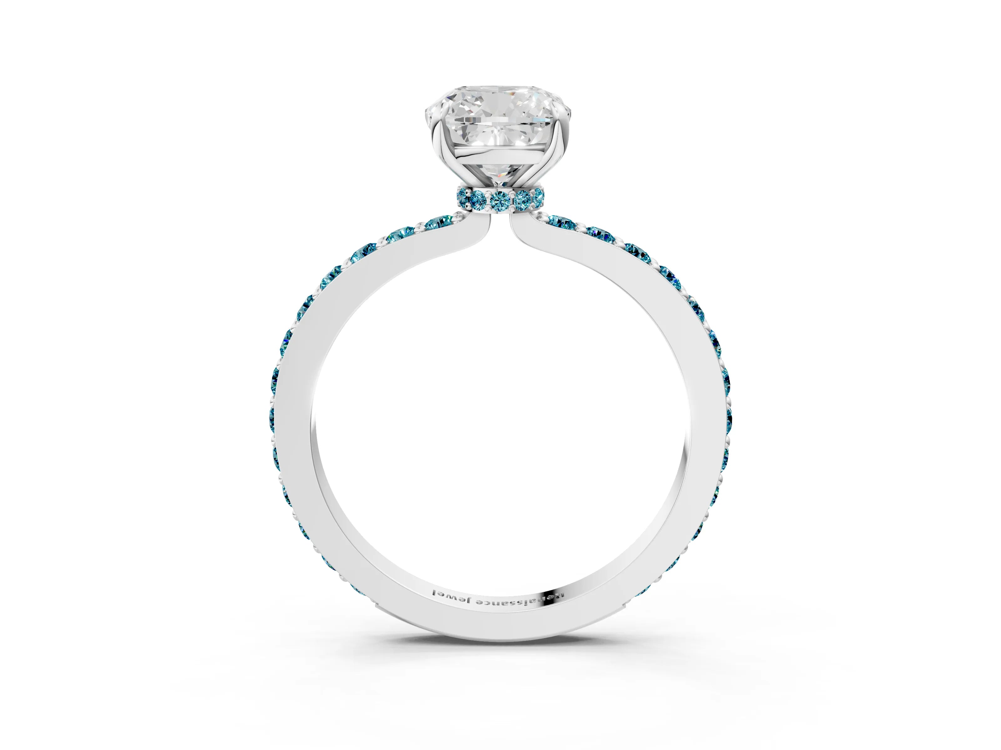 White gold Cushion Cut Diamond Pavé Engagement Ring with Round with Blue Topaz side stone Accents and Prong Setting_3