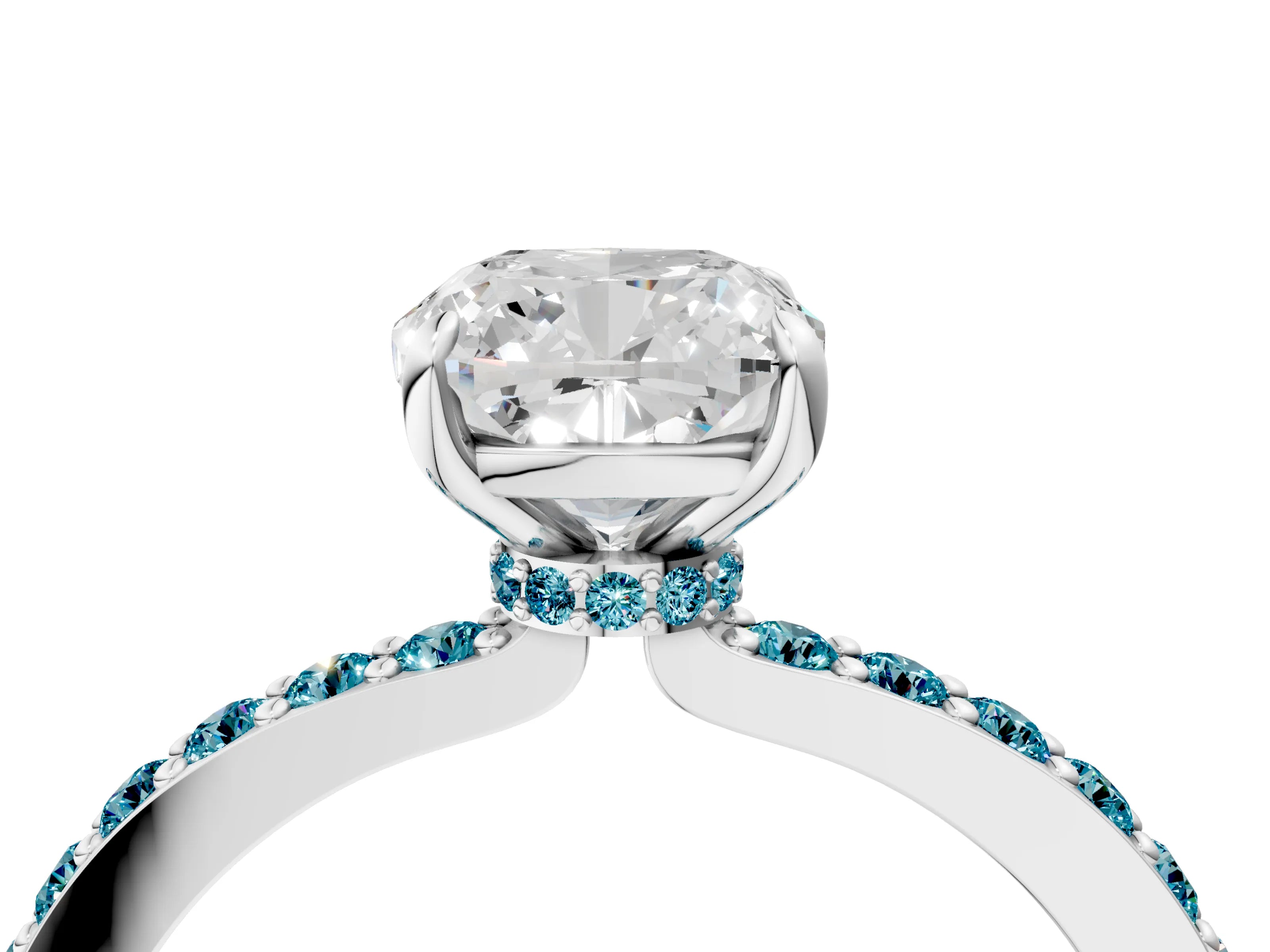 White gold Cushion Cut Diamond Pavé Engagement Ring with Round with Blue Topaz side stone Accents and Prong Setting_4
