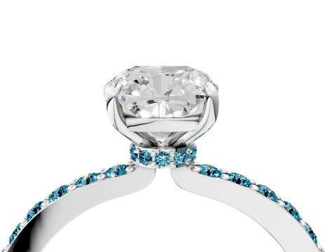 White gold Cushion Cut Diamond Pavé Engagement Ring with Round with Blue Topaz side stone Accents and Prong Setting_4