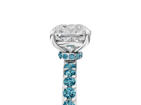White gold Cushion Cut Diamond Pavé Engagement Ring with Round with Blue Topaz side stone Accents and Prong Setting_5