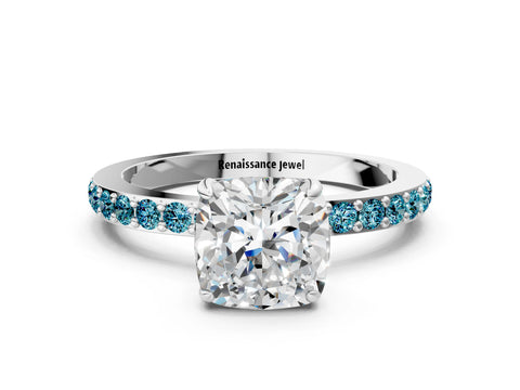 White gold Cushion Cut Diamond Pavé Engagement Ring with Round with Blue Topaz side stone Accents and Prong Setting