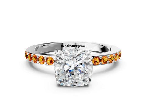 White gold Cushion Cut Diamond Pavé Engagement Ring with Round with Citrine side stone Accents and Prong Setting_12
