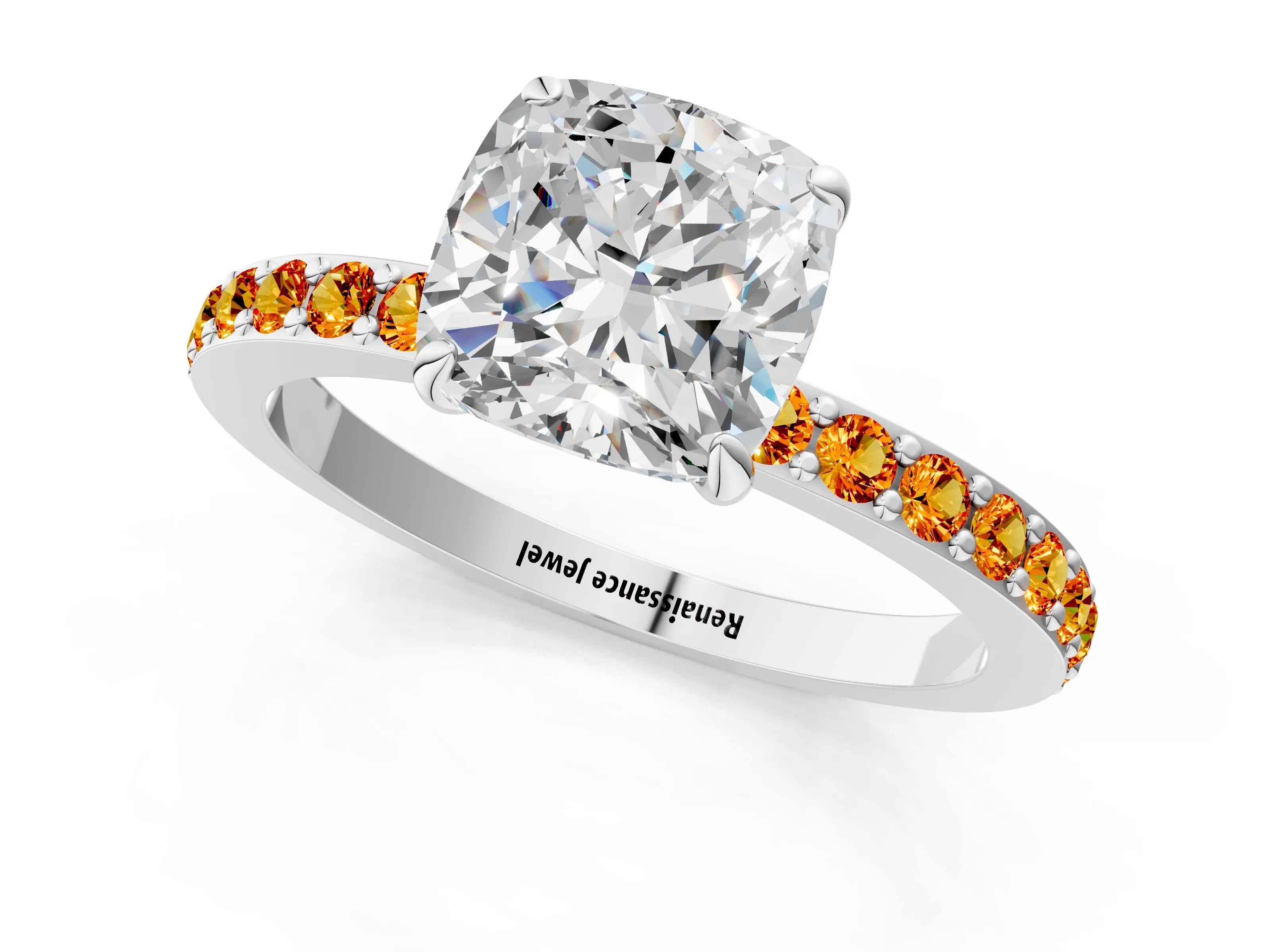 White gold Cushion Cut Diamond Pavé Engagement Ring with Round with Citrine side stone Accents and Prong Setting_13