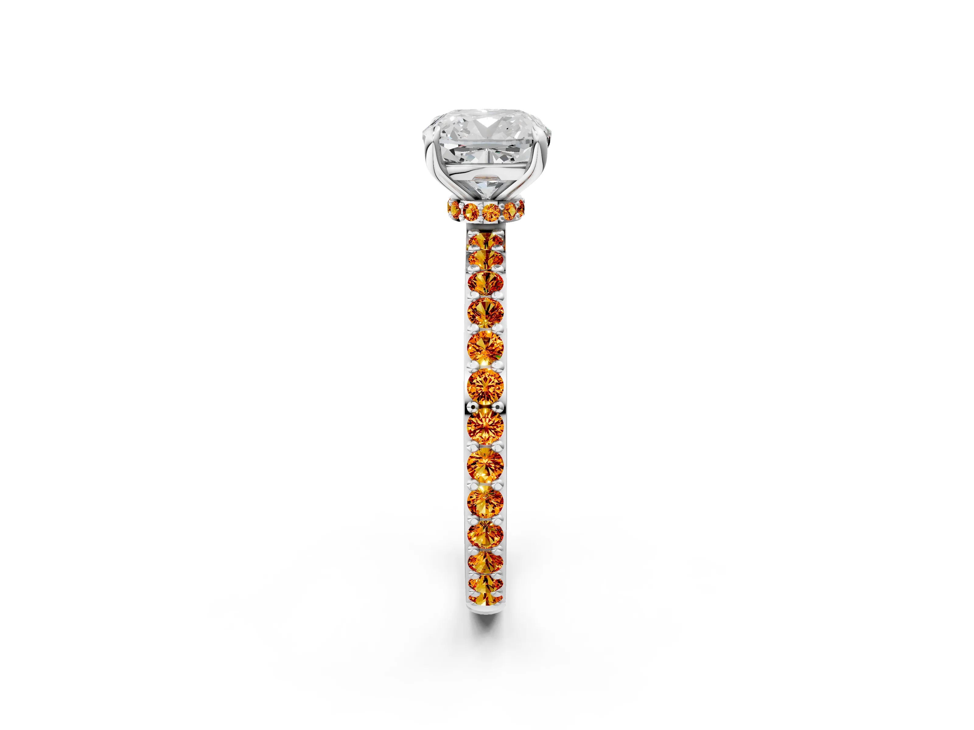 White gold Cushion Cut Diamond Pavé Engagement Ring with Round with Citrine side stone Accents and Prong Setting_14