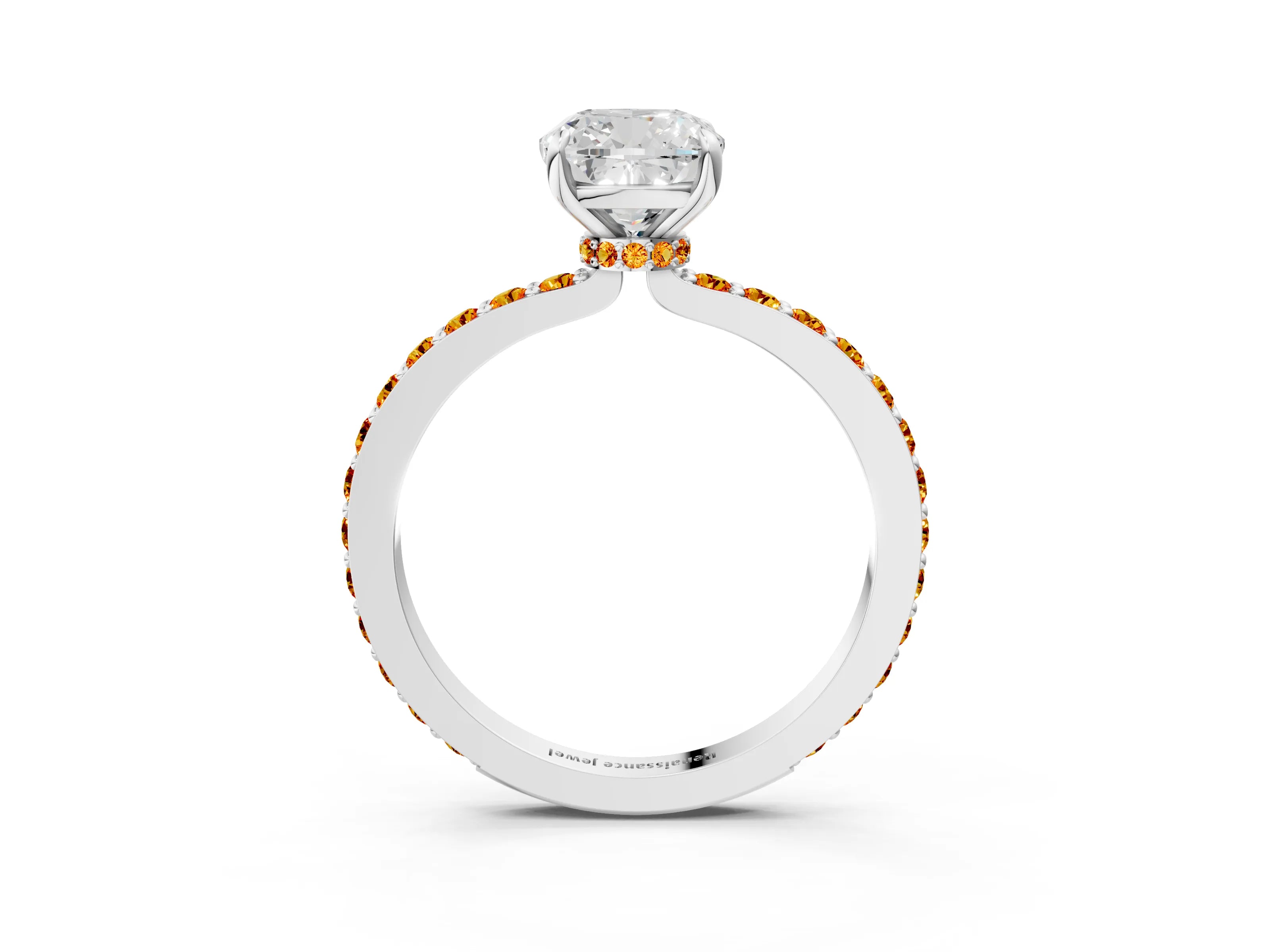 White gold Cushion Cut Diamond Pavé Engagement Ring with Round with Citrine side stone Accents and Prong Setting_15