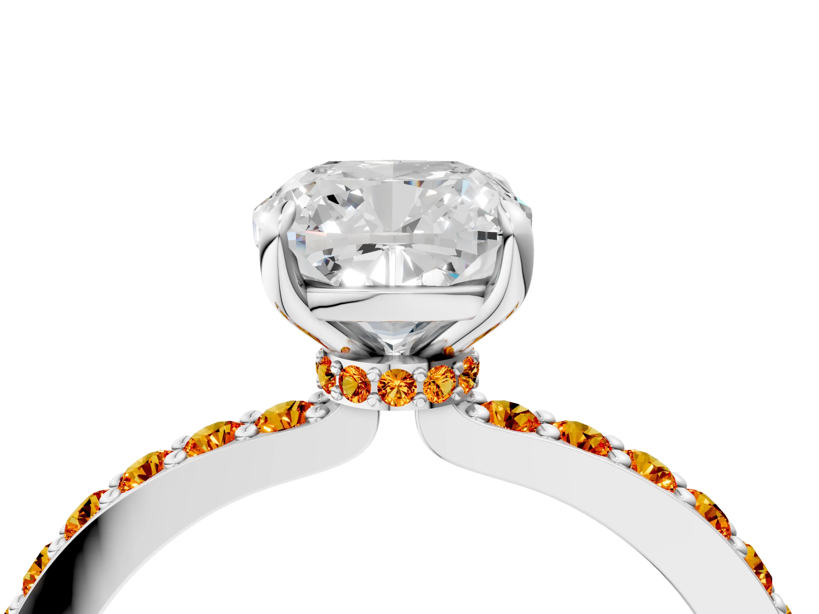 White gold Cushion Cut Diamond Pavé Engagement Ring with Round with Citrine side stone Accents and Prong Setting_16