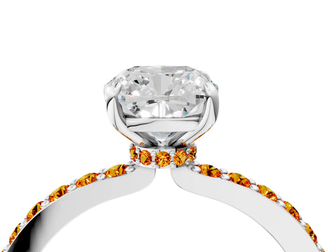 White gold Cushion Cut Diamond Pavé Engagement Ring with Round with Citrine side stone Accents and Prong Setting_16