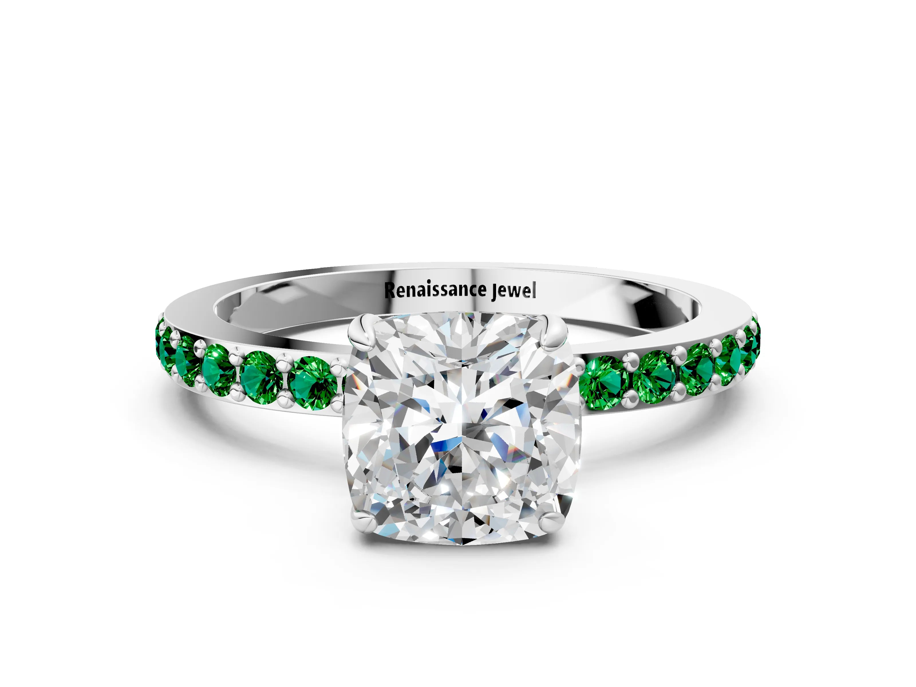 White gold Cushion Cut Diamond Pavé Engagement Ring with Round with Emerald side stone Accents and Prong Setting
