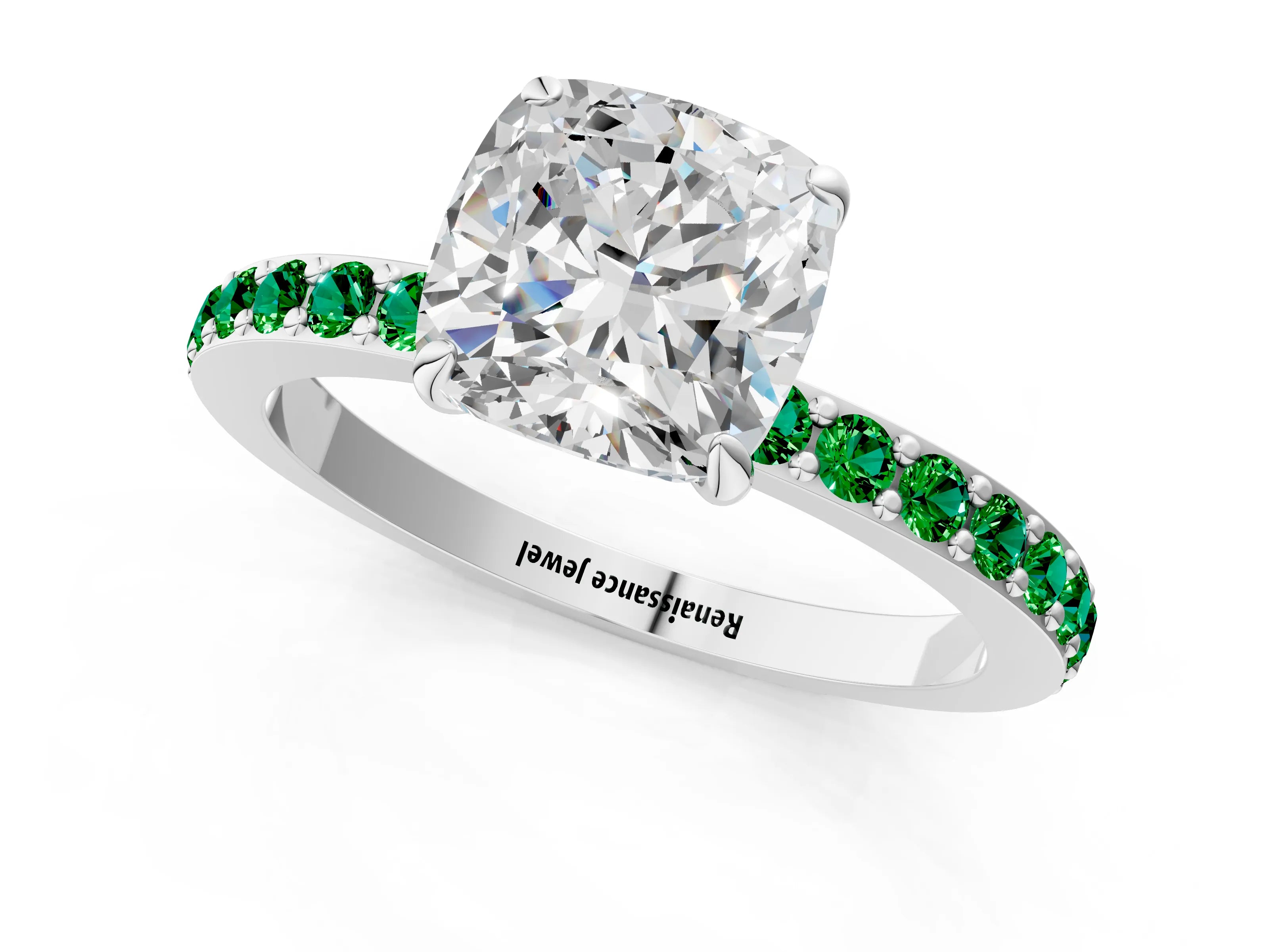 White gold Cushion Cut Diamond Pavé Engagement Ring with Round with Emerald side stone Accents and Prong Setting_1