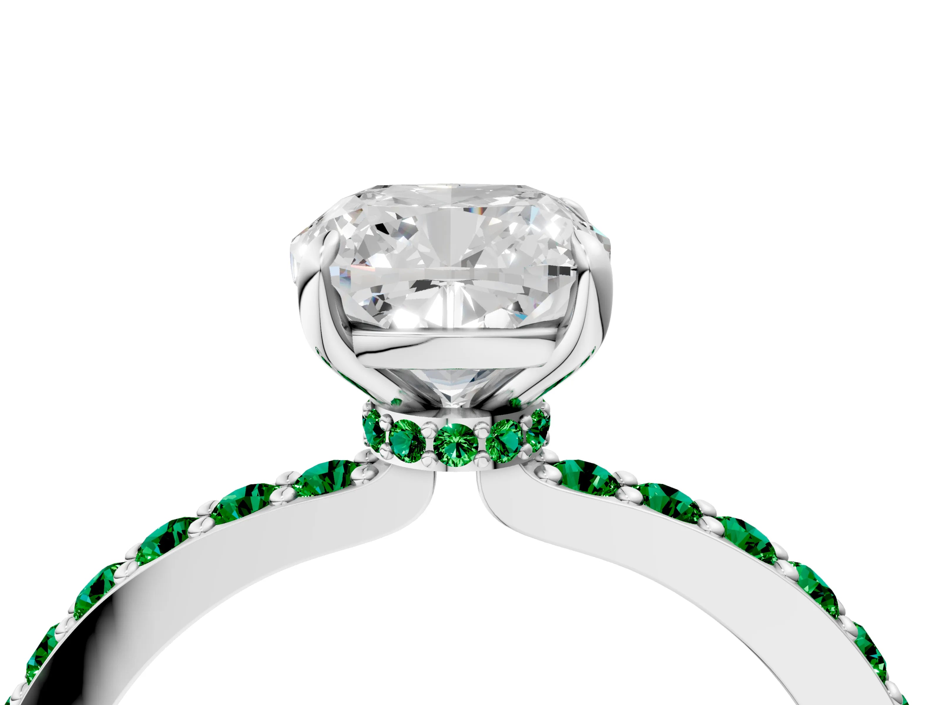 White gold Cushion Cut Diamond Pavé Engagement Ring with Round with Emerald side stone Accents and Prong Setting_16