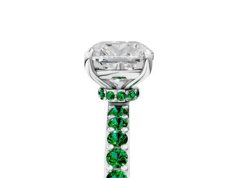 White gold Cushion Cut Diamond Pavé Engagement Ring with Round with Emerald side stone Accents and Prong Setting_17