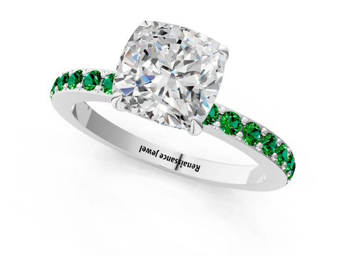 White gold Cushion Cut Diamond Pavé Engagement Ring with Round with Emerald side stone Accents and Prong Setting_1