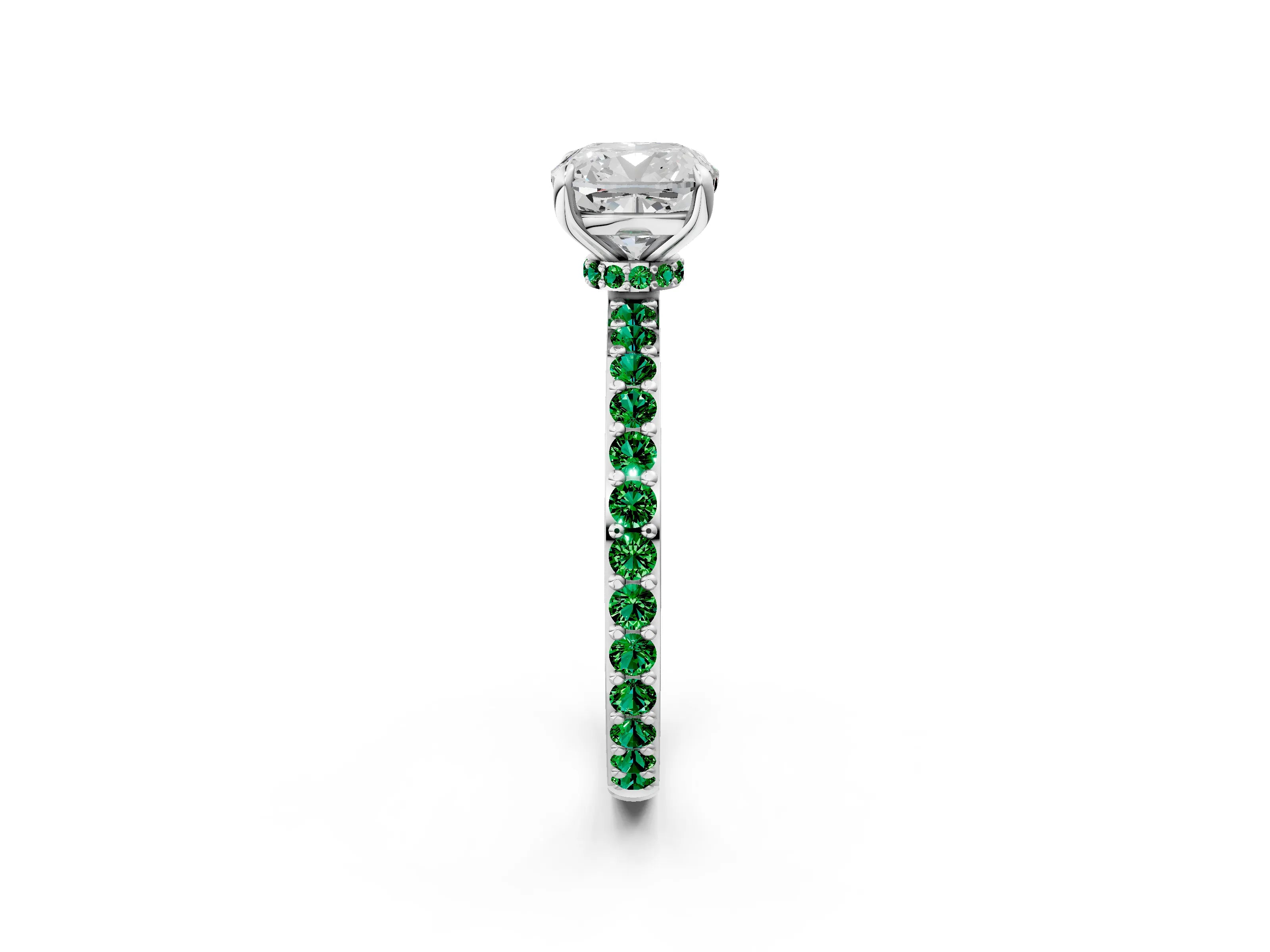 White gold Cushion Cut Diamond Pavé Engagement Ring with Round with Emerald side stone Accents and Prong Setting_2