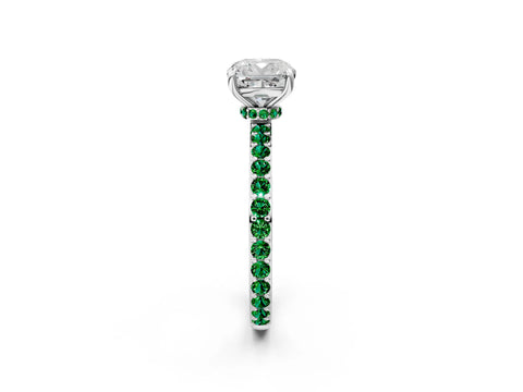 White gold Cushion Cut Diamond Pavé Engagement Ring with Round with Emerald side stone Accents and Prong Setting_2
