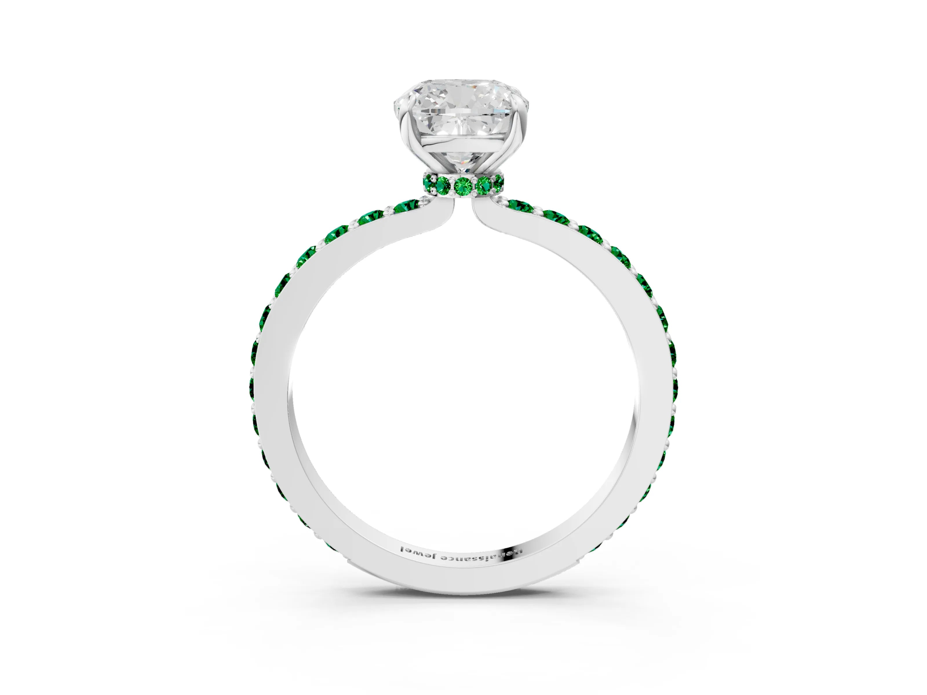White gold Cushion Cut Diamond Pavé Engagement Ring with Round with Emerald side stone Accents and Prong Setting_3
