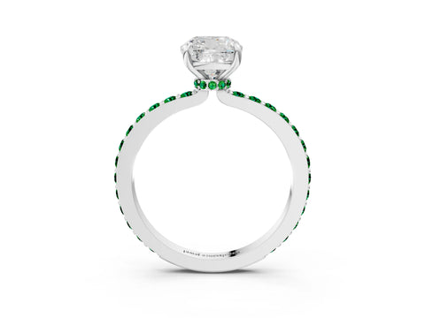 White gold Cushion Cut Diamond Pavé Engagement Ring with Round with Emerald side stone Accents and Prong Setting_3