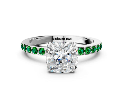White gold Cushion Cut Diamond Pavé Engagement Ring with Round with Emerald side stone Accents and Prong Setting