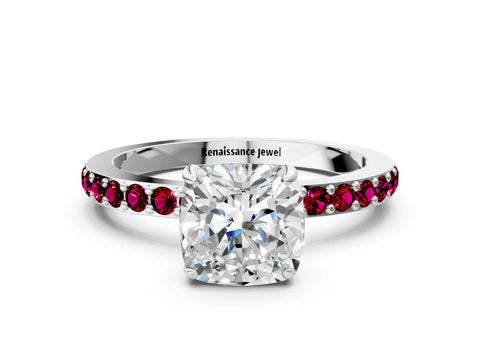 White gold Cushion Cut Diamond Pavé Engagement Ring with Round with Garnet side stone Accents and Prong Setting