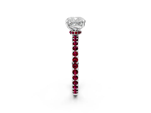 White gold Cushion Cut Diamond Pavé Engagement Ring with Round with Garnet side stone Accents and Prong Setting_14