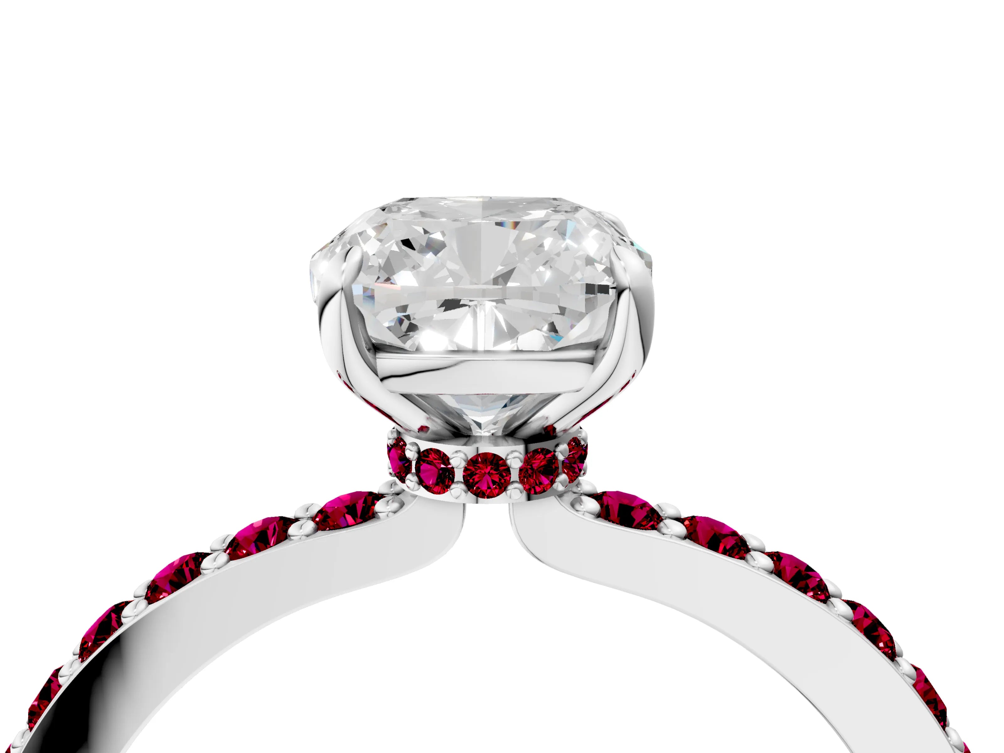 White gold Cushion Cut Diamond Pavé Engagement Ring with Round with Garnet side stone Accents and Prong Setting_16